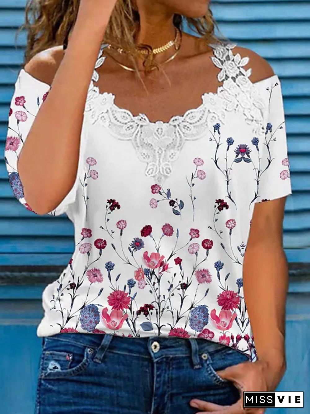 Casual Floral Short Sleeve V Neck Plus Size Printed Tops T-shirts