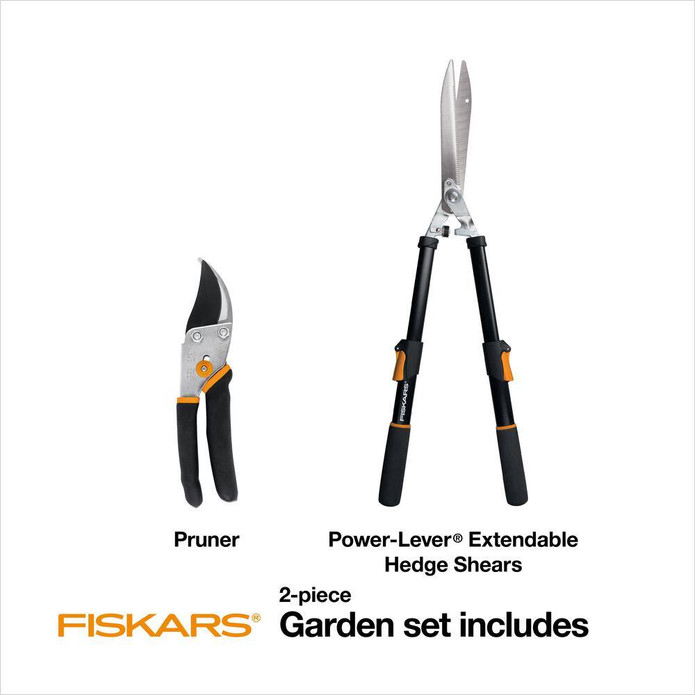 Fiskars 2-Piece Set with 5.5 in. Bypass Pruner and 9 in. Telescoping Hedge Shears 1067031