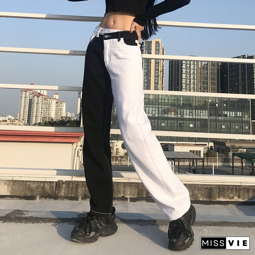 Weekeep Patchwork Color Contrast Vintage Jeans Womens High Waist Harajuku Straight Denim Pants Streetwear Cargo Pants Loose