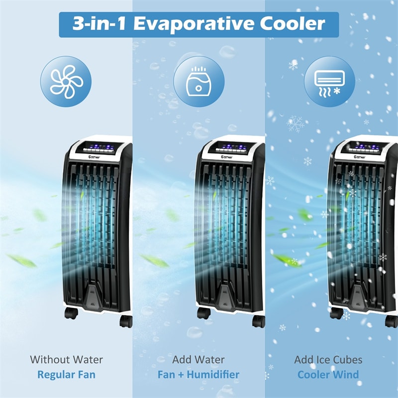 3-in-1 Portable Evaporative Cooler Fan Humidifier with Remote Control, 7.5H Timer, 3 Wind Speeds, 6.5L Water Tank