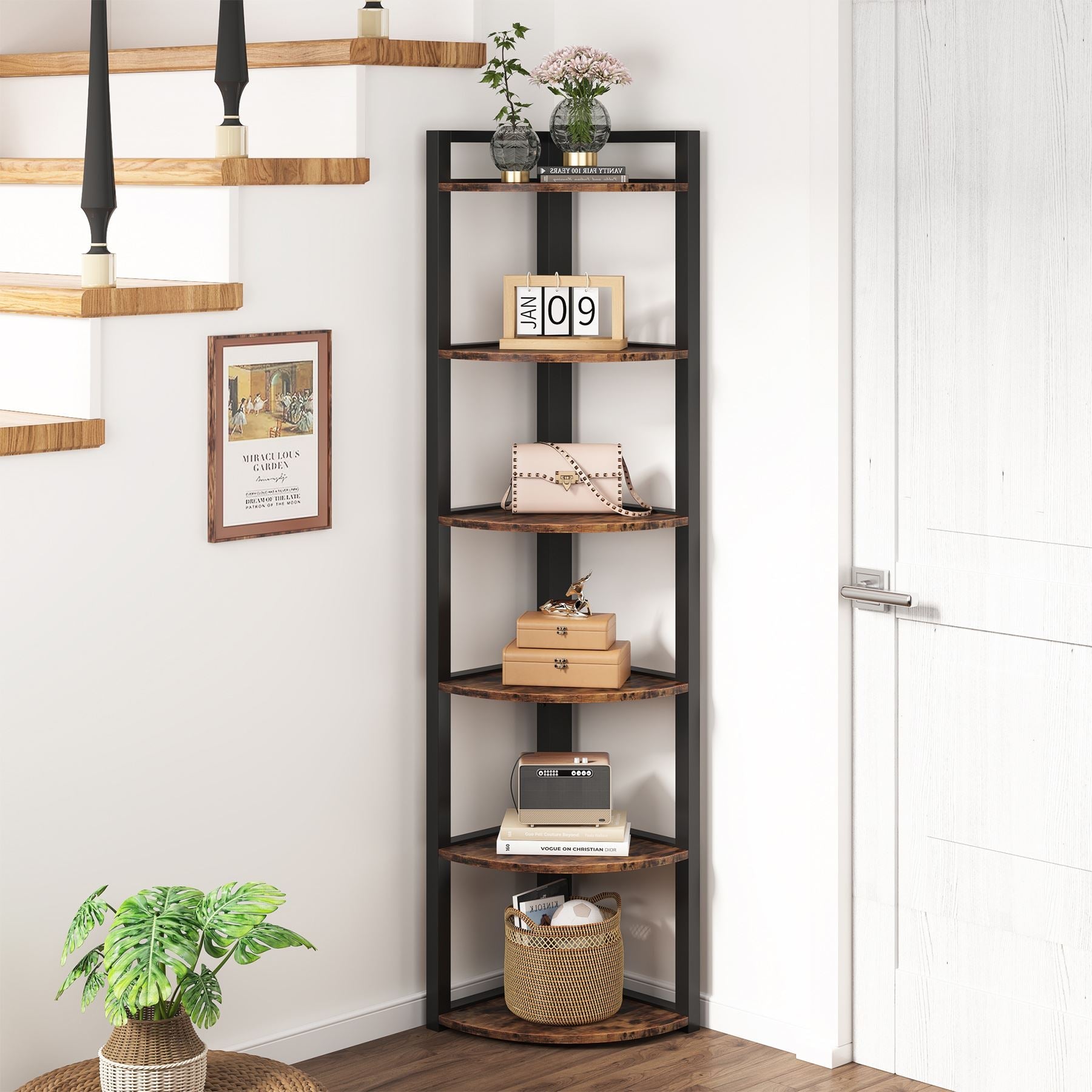 6-Tier Corner Shelf, Small Corner Bookshelf Storage Rack