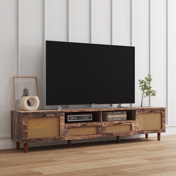 Farmhouse Rattan TV Stand Wood Media Entertainment Center Console Table with 2 Doors and 2 Open Shelves