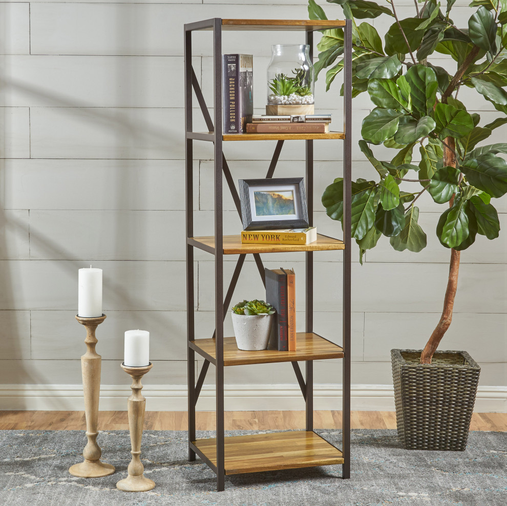 Relee Modern Industrial 4 Shelf Acacia Wood Slim Bookcase   Industrial   Bookcases   by GDFStudio  Houzz