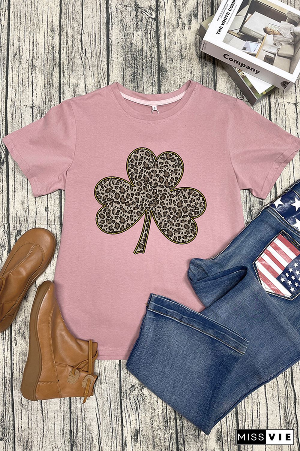 Leopard Clover Print Short Sleeve Graphic Tee Wholesale