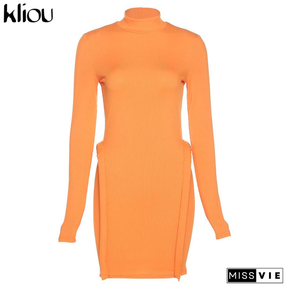 Kliou Knitted Stitching Mini Dress Women Hipster Skinny Three-Dimensional Decoration Bodycon Long Sleeve Turtleneck Streetwear