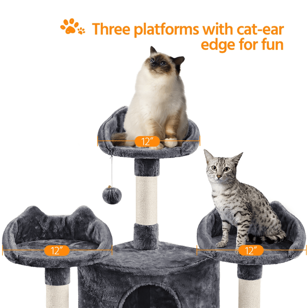 SMILE MART 76.5" Large Cat Tree Tower with 3 Condos Cozy Perches Dangling Ball, Dark Gray