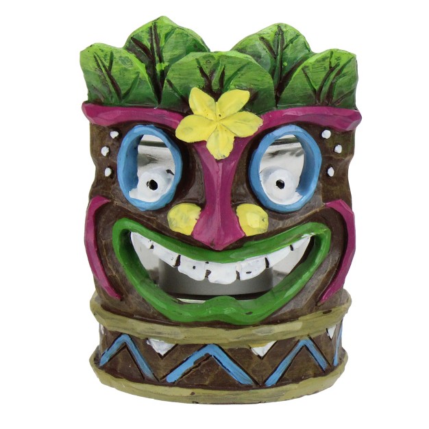 Smiling Tiki Mask With Yellow Flower Candle Holder