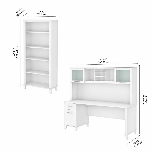 Bush Furniture Somerset 72W Office Desk with Hutch and 5 Shelf Bookcase in White