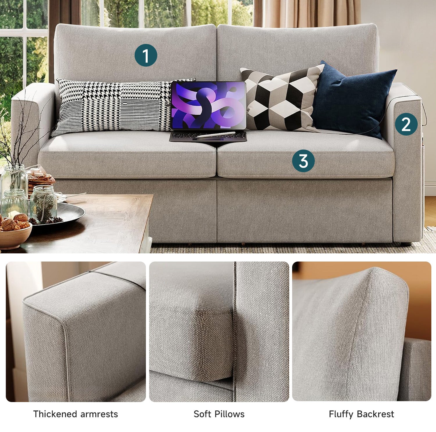 Loveseat Sofa with Drawer, Charging Port, Track Armrest