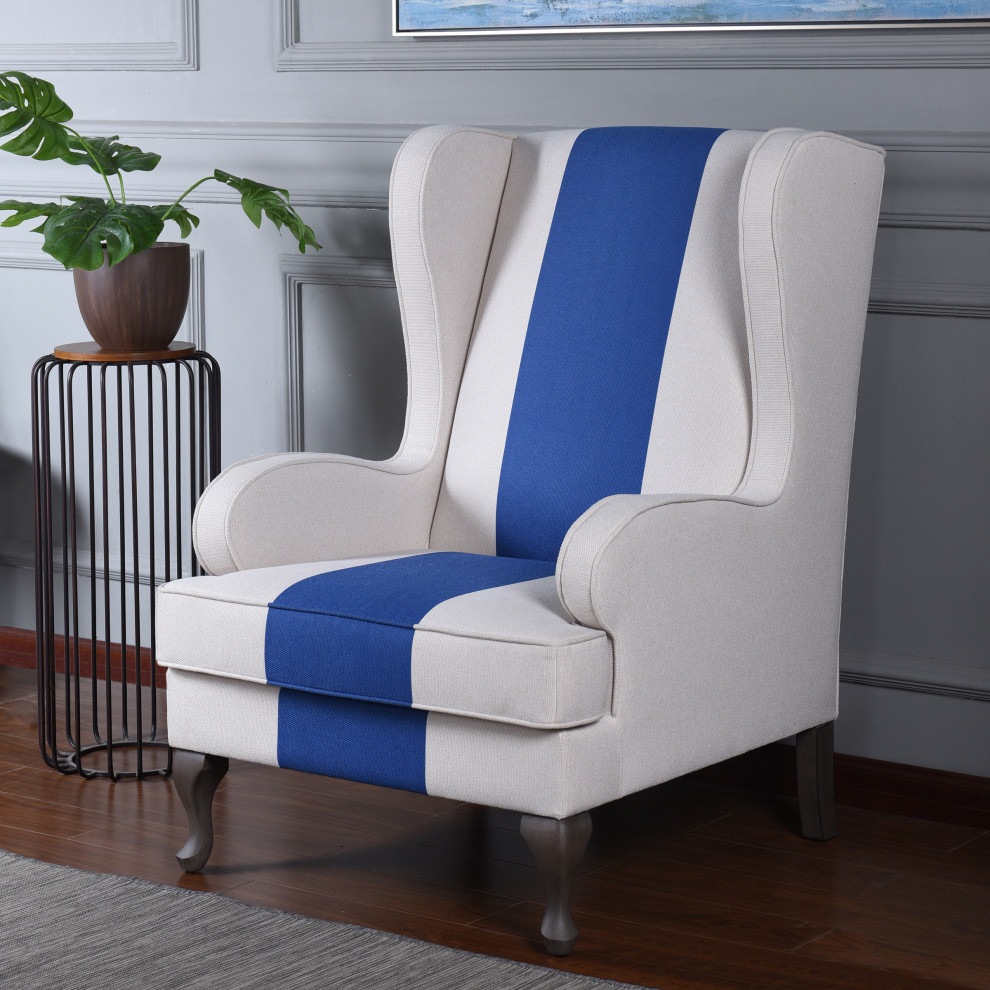 Dann Foley Accent Chair White and Blue Upholstery Espresso Brown Finish   Traditional   Armchairs And Accent Chairs   by StyleCraft  Houzz