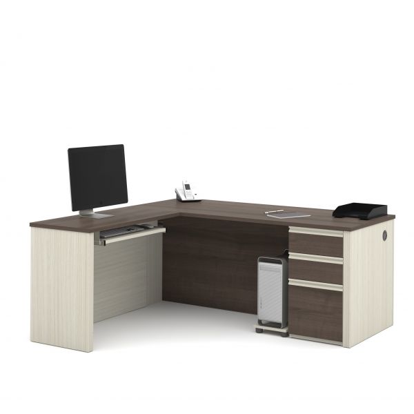 Bestar Prestige + L-shaped workstation including one pedestal in White Chocolate and Antigua