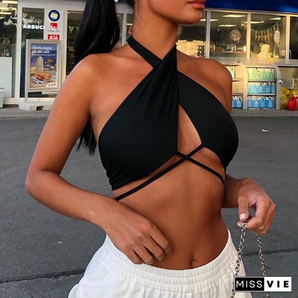 Women Cross Halter Ruched Tank Tops Sexy Solid Color Off-the-shoulder Tie Up Crop Tops Club Party Wear Lady Backless Vest Tops