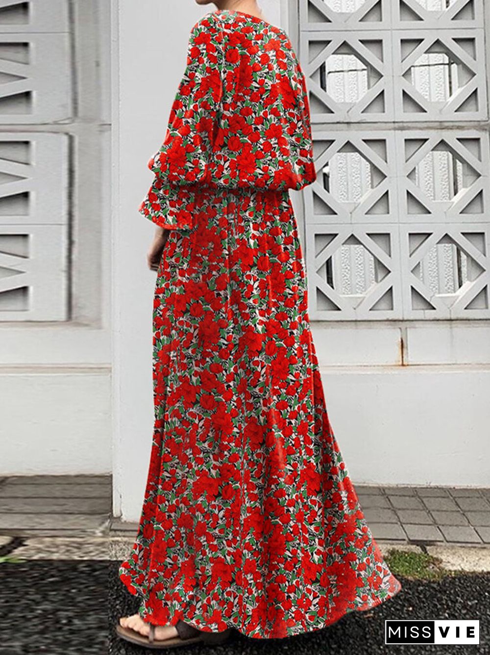 Floral Print Slit Long Bell Sleeve Crew Neck Maxi Dress