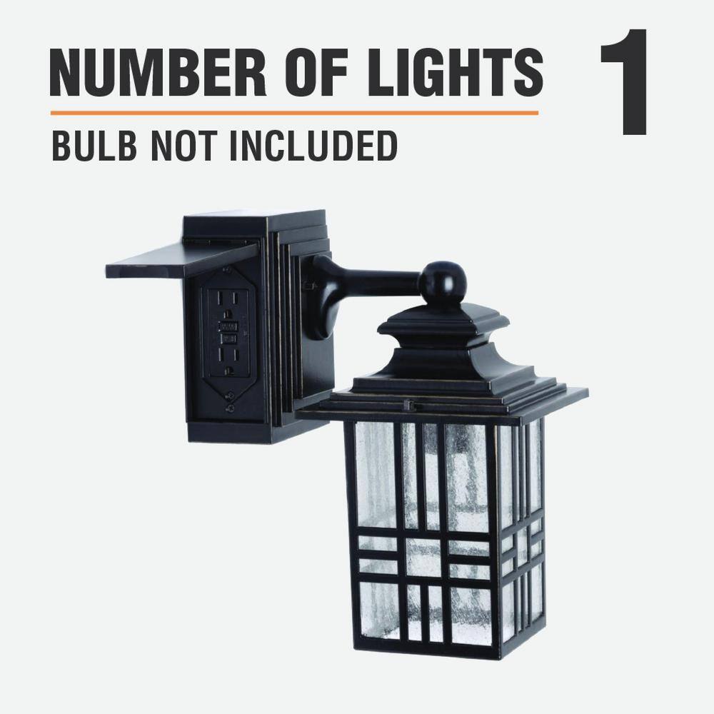 Hampton Bay Mission 1-Light Black with Bronze Highlight Outdoor Wall Mount Lantern with Built-In Electrical Outlet (GFCI) 30264