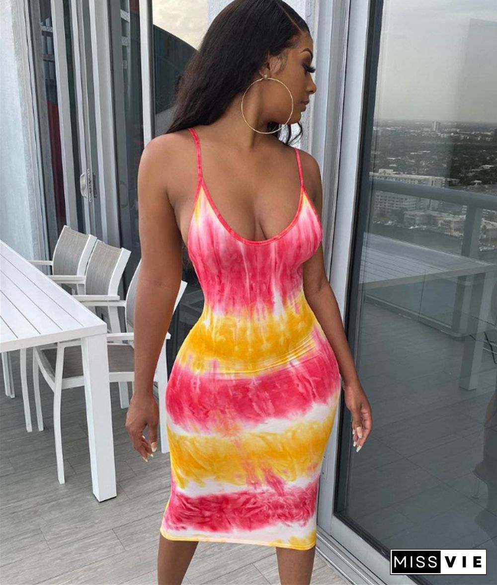 Tie Dye Print Spaghetti Strap Backless Bodycon Dress