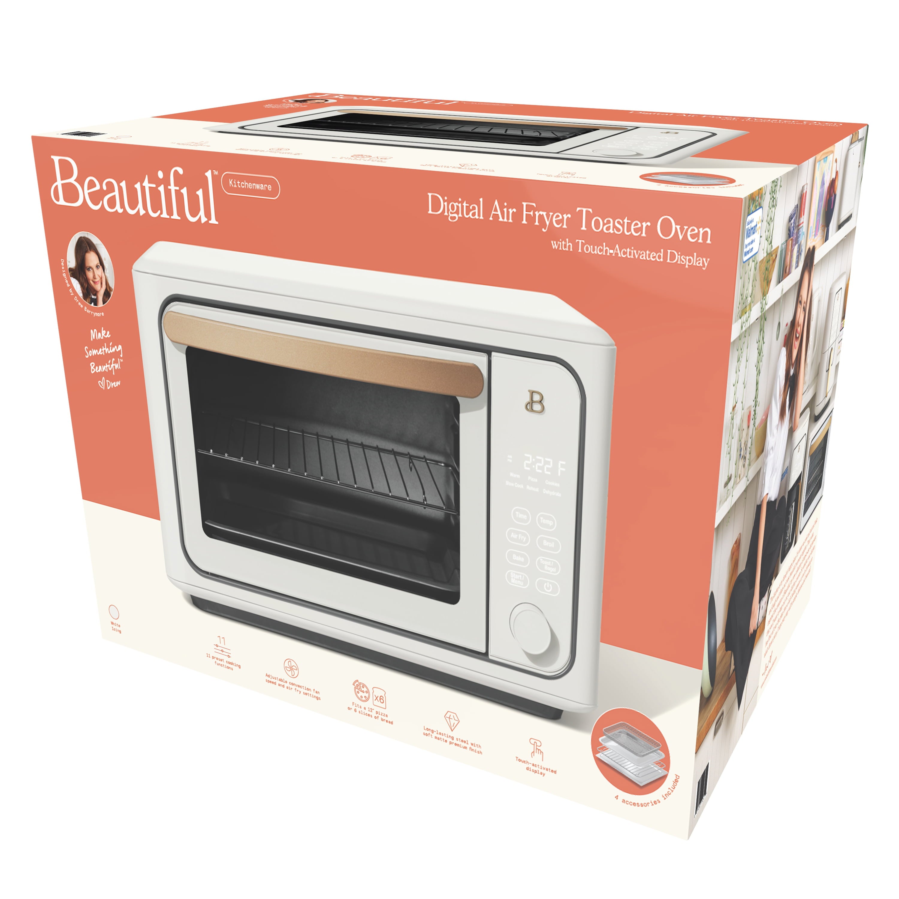 Beautiful 6 Slice Touchscreen Air Fryer Toaster Oven, White Icing by Drew Barrymore