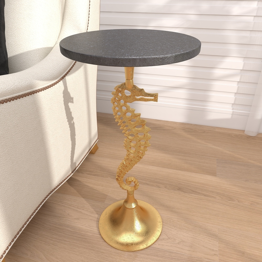 Gold Aluminum Sea Horse Accent Table with Black Marble Table Top   13 x 13 x 25Round