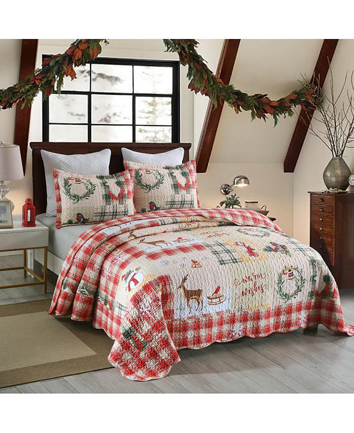 MarCielo 3 Piece Christmas Quilt Bedspread Set B021 - King