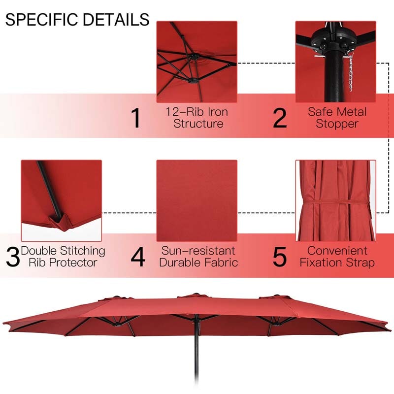 15FT Double-Sided Twin Patio Umbrella with Base & Crank System, Extra-Large Cantilever Market Umbrella