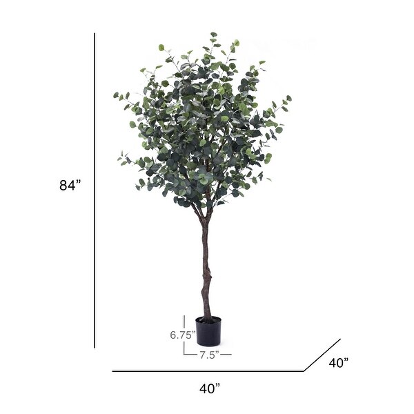 7ft Frosted Green Artificial Silver Dollar Eucalyptus Tree Plant in Black Pot