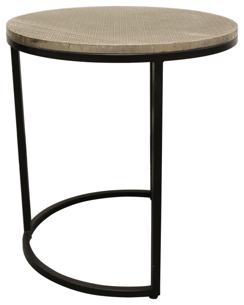 Meenal Metal Cladded Top Round Nesting Table  Silver   Industrial   Coffee Table Sets   by Moti  Houzz