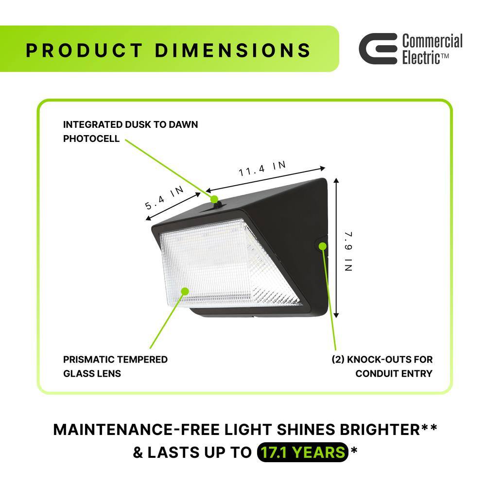 Commercial Electric 175W Equivalent Integrated LED Bronze Dusk to Dawn Commercial Refractor Wall Pack Light 6500 Lumens 4000K PRWX50-H-PC-4K-BZ