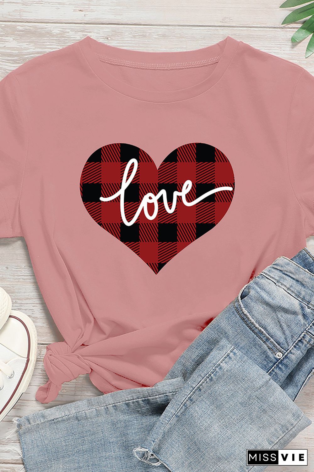 VALENTINE'S DAY Plaid Heart Graphic Tee Short Sleeve T shirts Top Wholesale