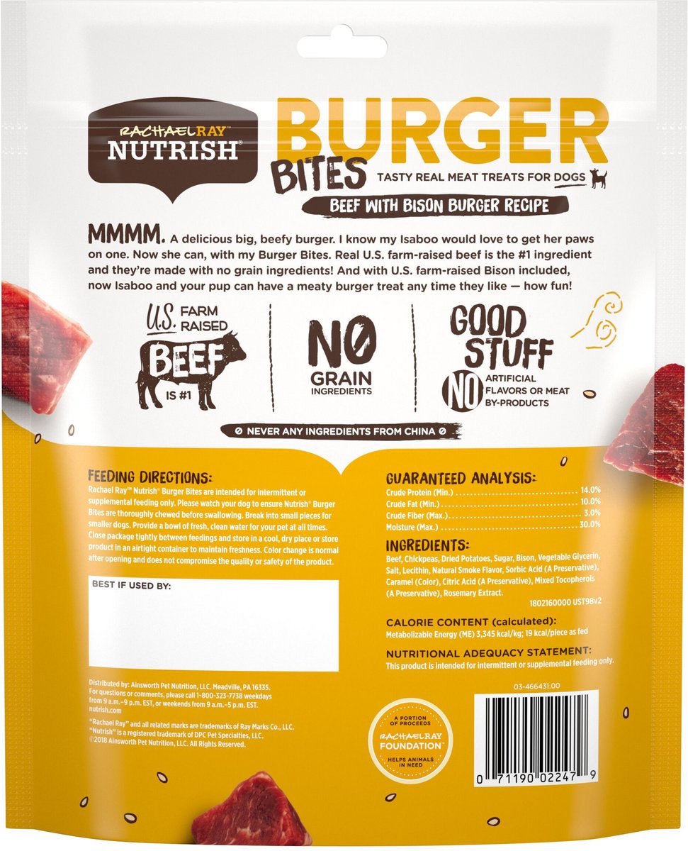 Rachael Ray Nutrish Burger Bites， Beef Burger with Bison Grain-Free Dog Treats