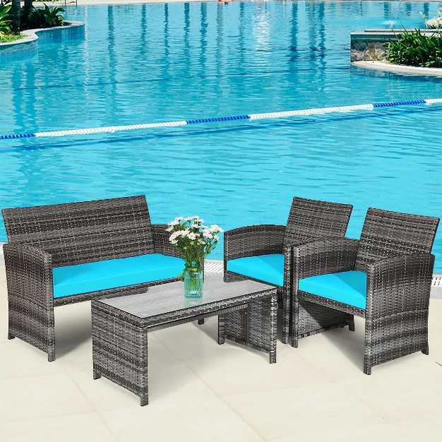 Tangkula 4 piece Outdoor Patio Furniture Set Rattan Wicker Conversation Sofa Set W cushions Turquoise