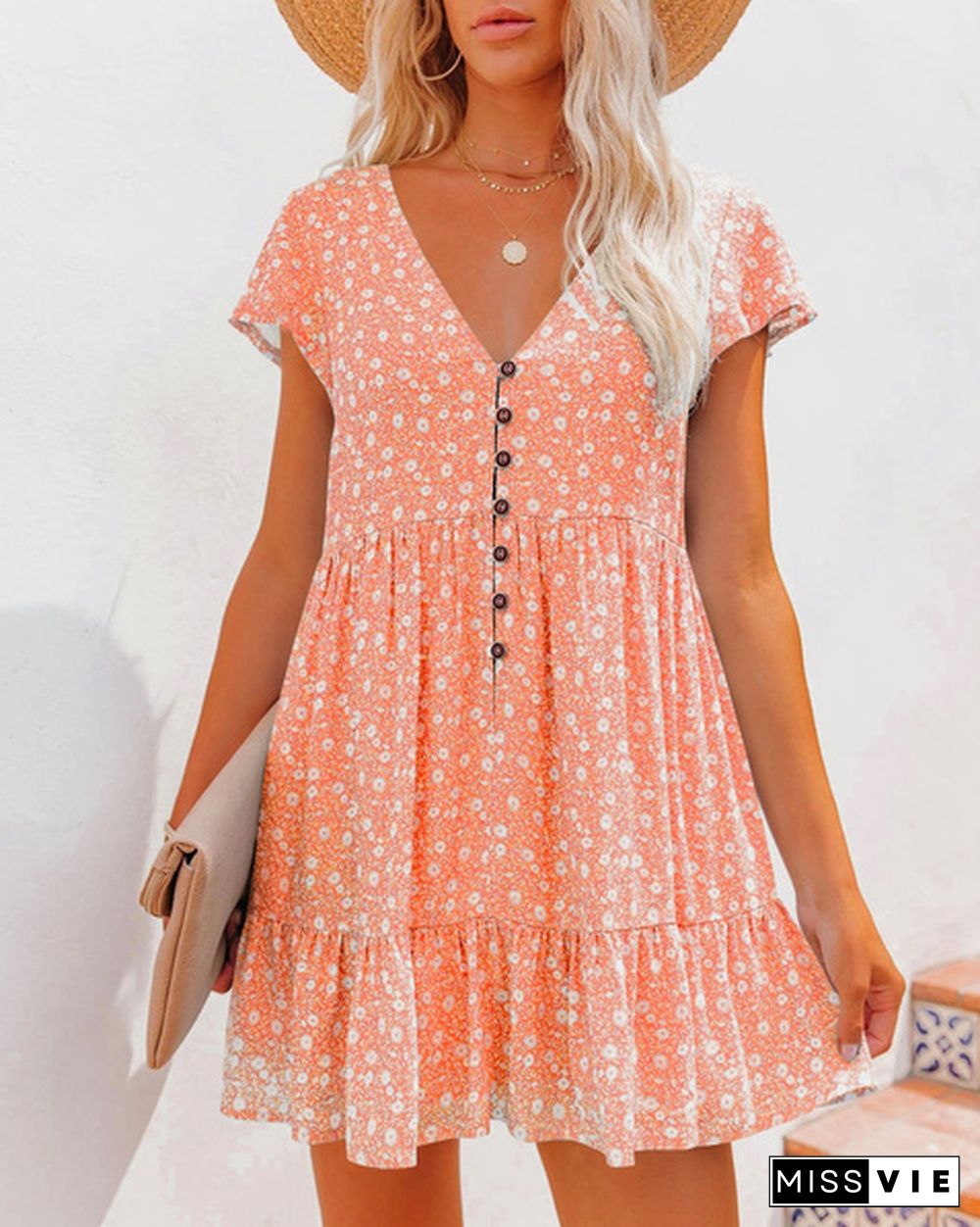 XS-8XL Spring Summer Dresses Plus Size Fashion Clothes Women's Casual Short Sleeve Dress Ladies Button Up Floral Flower Printed Dress Patchwork Loose Mini Pleated Dress Beach Wear Short Party Dress