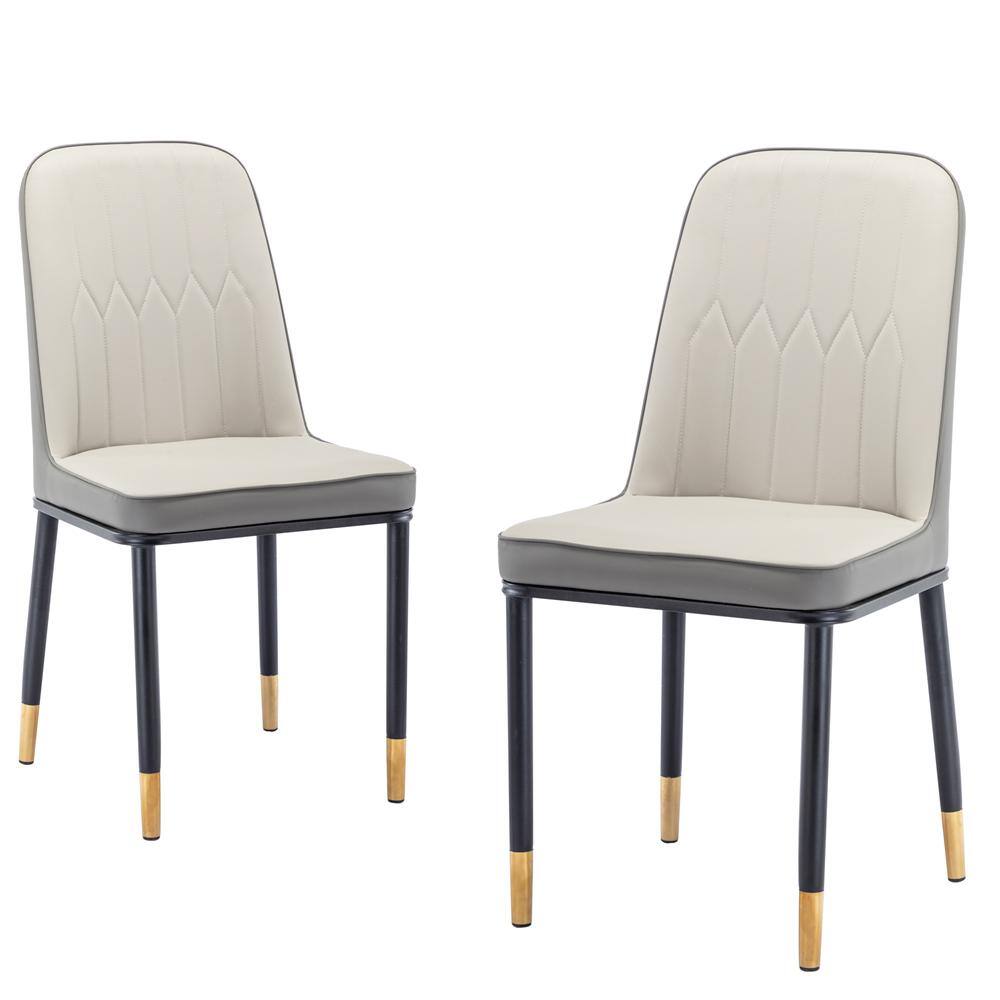 Magic Home Set of 2 PU Leather Dining Chair with Iron Metal Gold Plated Legs Beige and Gray MH-CD-060