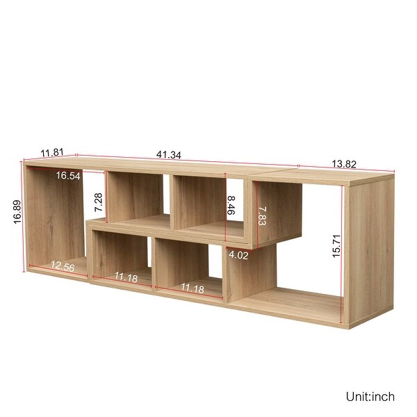 Living Room Bookcase Double L-Shaped Low Floor TV Stand with Multi Display Storage ShelvesandOpen Cubes Compartments，Natural