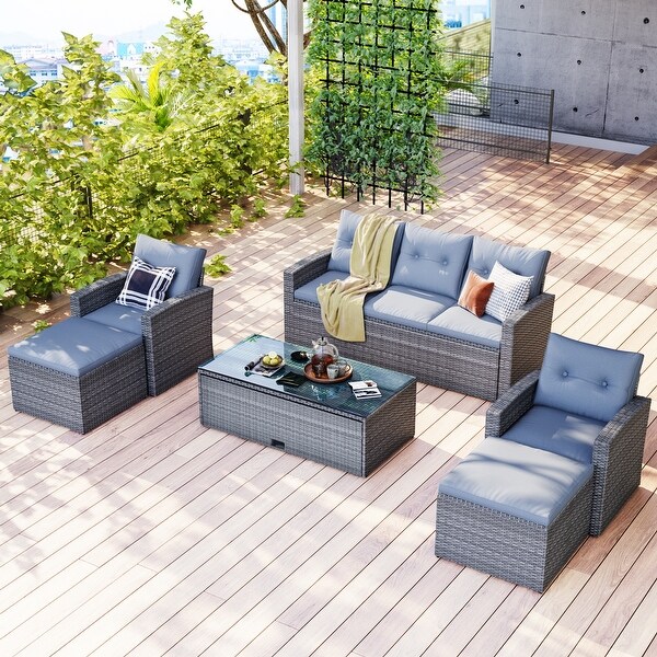 6Piece Patio Outdoor Conversation Set，AllWeather PE Rattan Sectional Sofa with Coffee Table and Ottomans