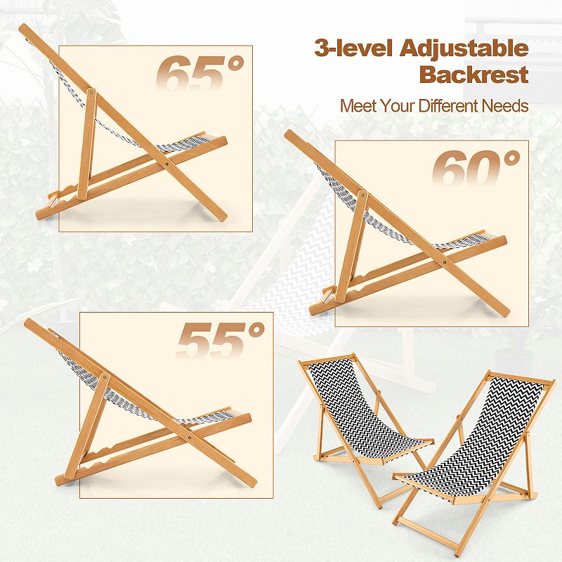 Folding Wicker Sling Chair with Adjustable Backrest and Canvas-Natural