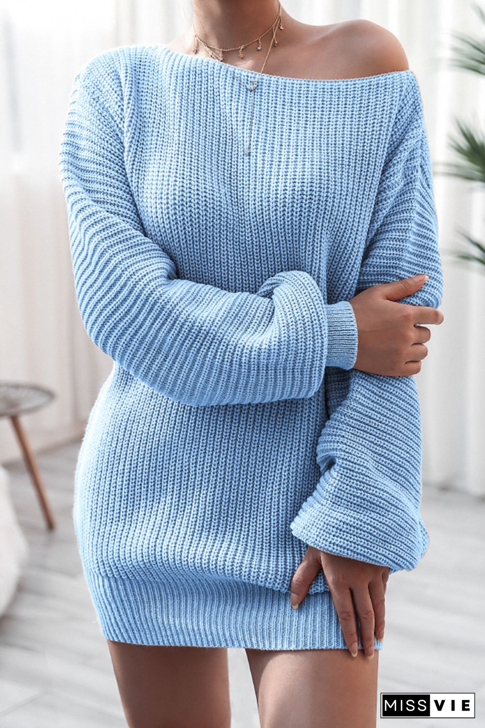 Long Sleeve Knitted Off-shoulder Sweater Dress Women Wholesale