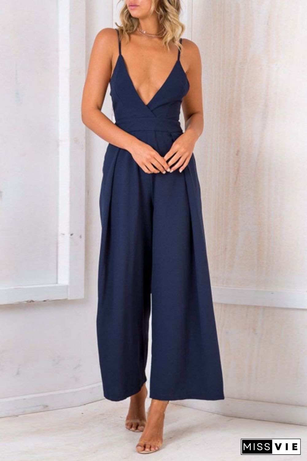 Sexy Solid Split Joint Spaghetti Strap Loose Jumpsuits