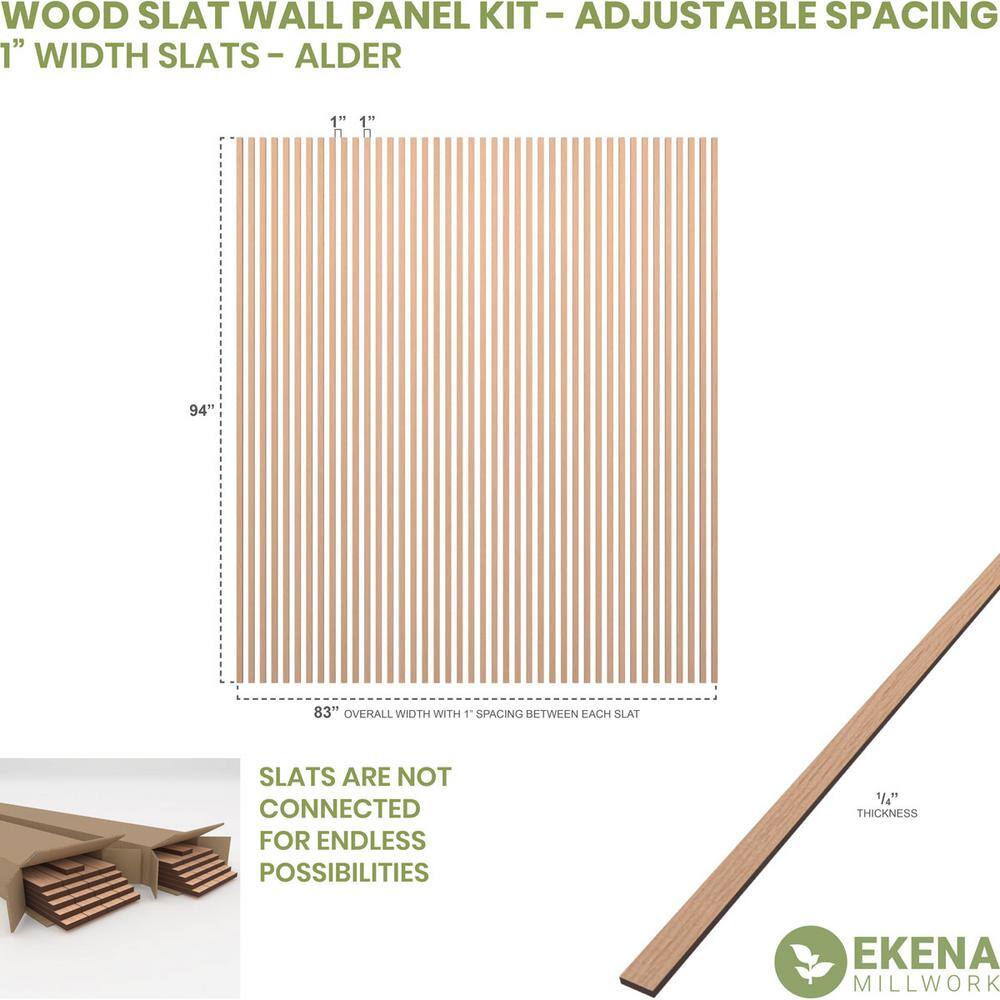 Ekena Millwork 94-in H x-14-in T Adjustable Wood Slat Wall Panel Kit w1-in W Slats Alder (contains 42 Slats) SWW84X94X0250AL