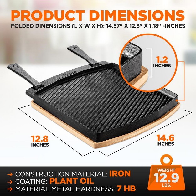 Nutrichef Cast Iron Flat Grill Plate Pan Reversible Cast Iron Griddle Classic Flat Grill Pan Design With Scraper