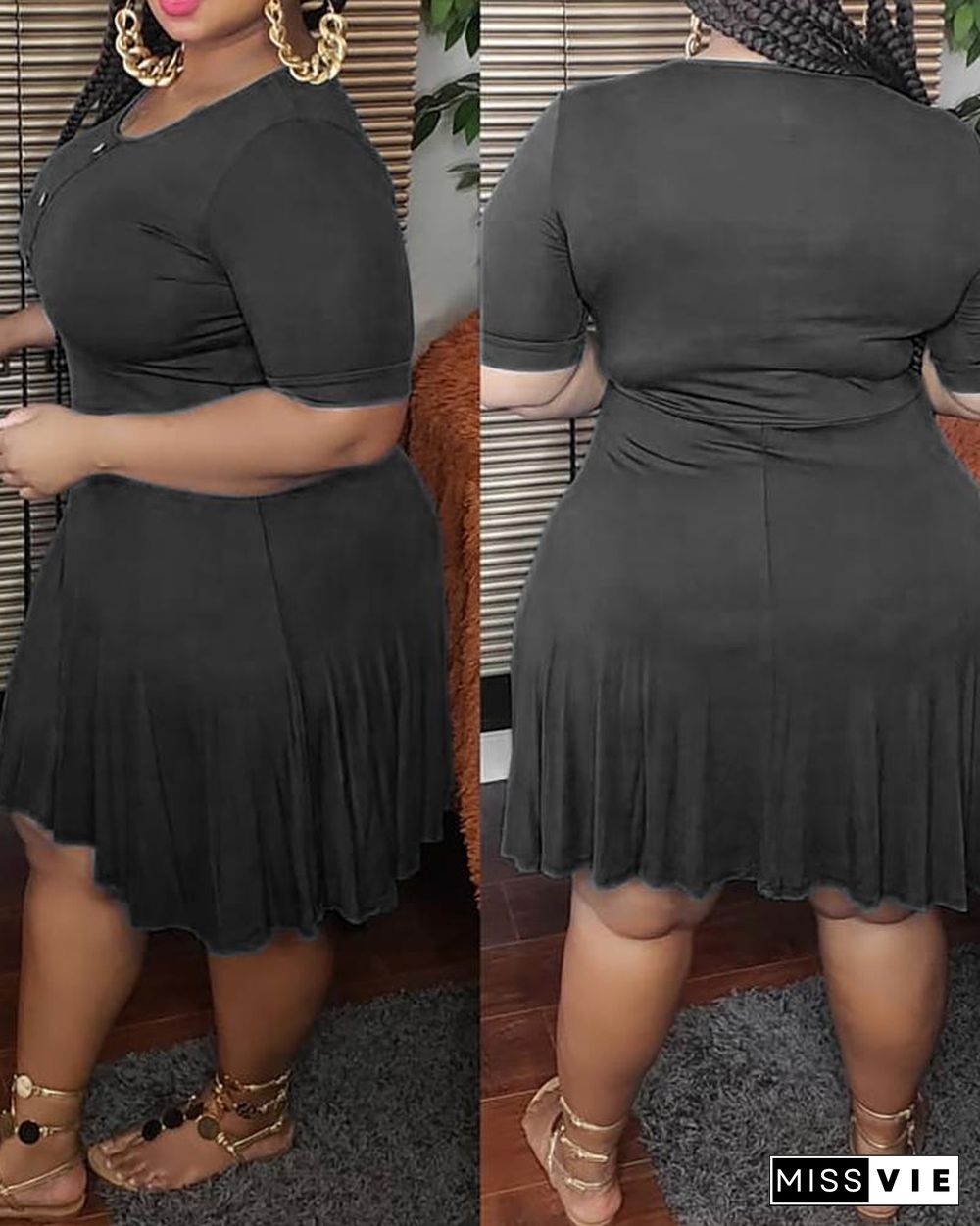 Plus Size Button Design Short Sleeve Ruched Dress