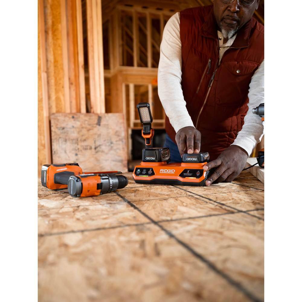 RIDGID 18V Dual Port Simultaneous Charger and 18V 4.0 Ah MAX Output Lithium-Ion Battery Kit AC86095-AC840040