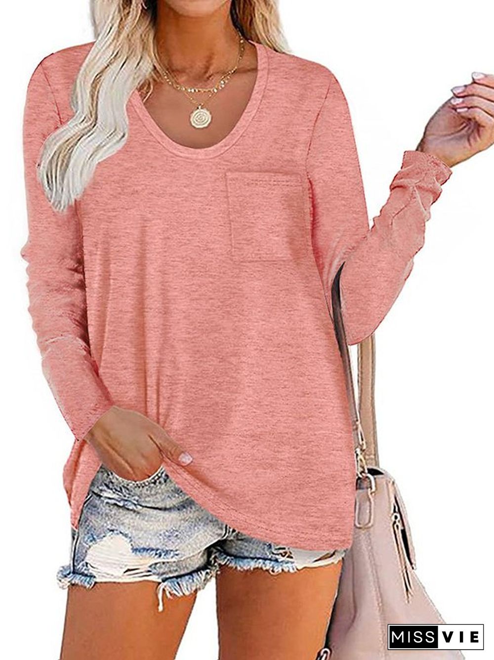 Long Sleeve Crew Neck Solid Casual T-shirt