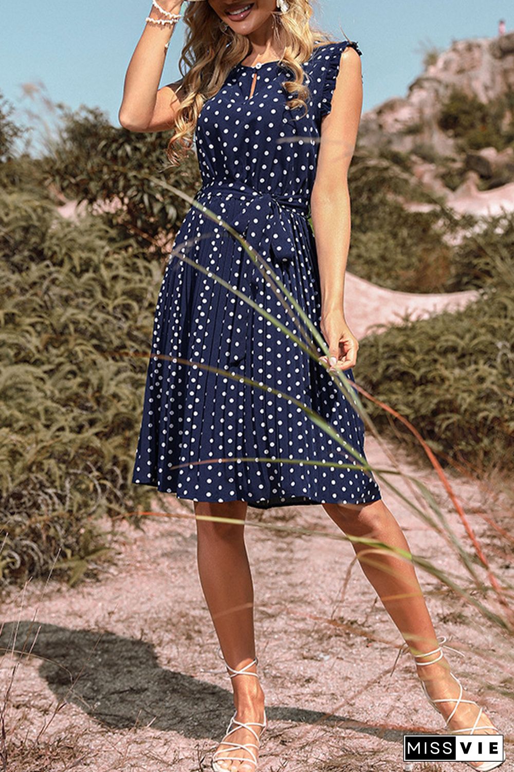 Polka Dot Crew Neck Short Sleeve Dress with Belt Wholesale