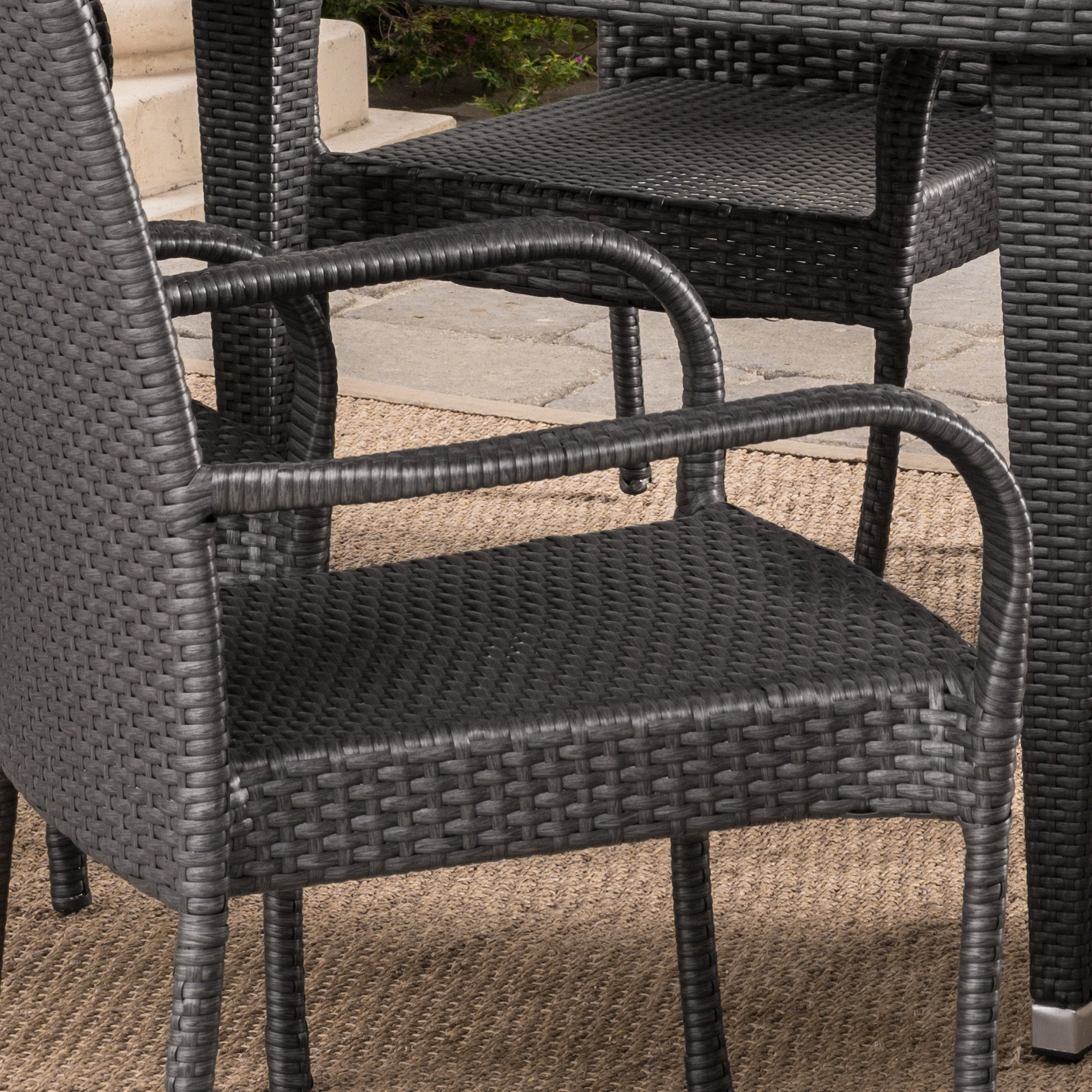 Sola Outdoor 7 Piece Gray Wicker Oval Dining Set with Stacking Chairs