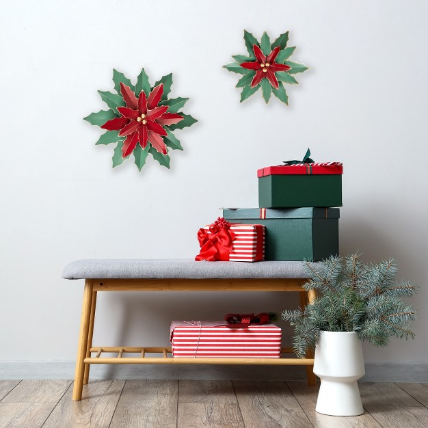 Small Green And Red Metal Poinsettia Christmas Wall Hanging