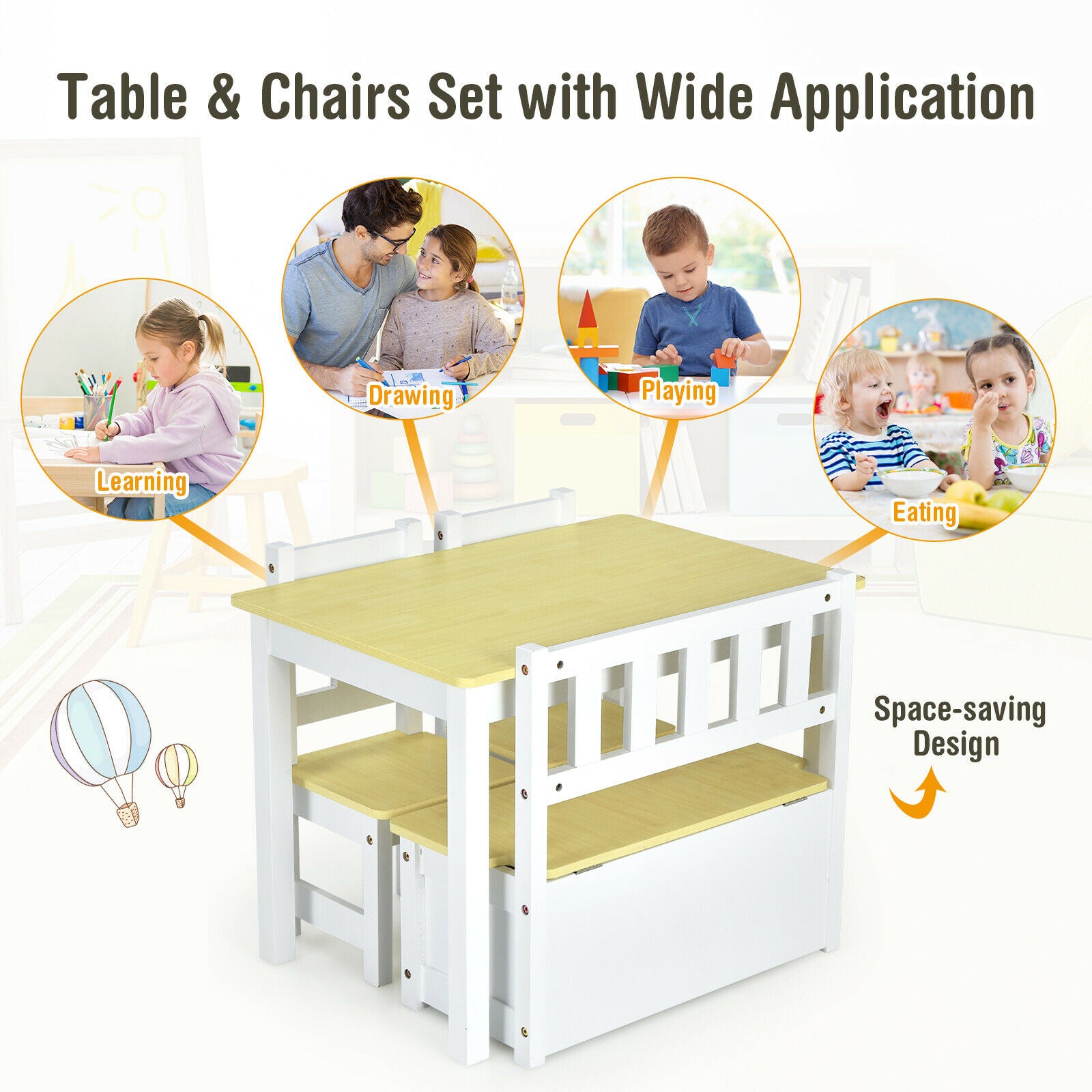 4 PCS Kids Wooden Activity Table & Chairs Set w/Storage Bench Study Desk