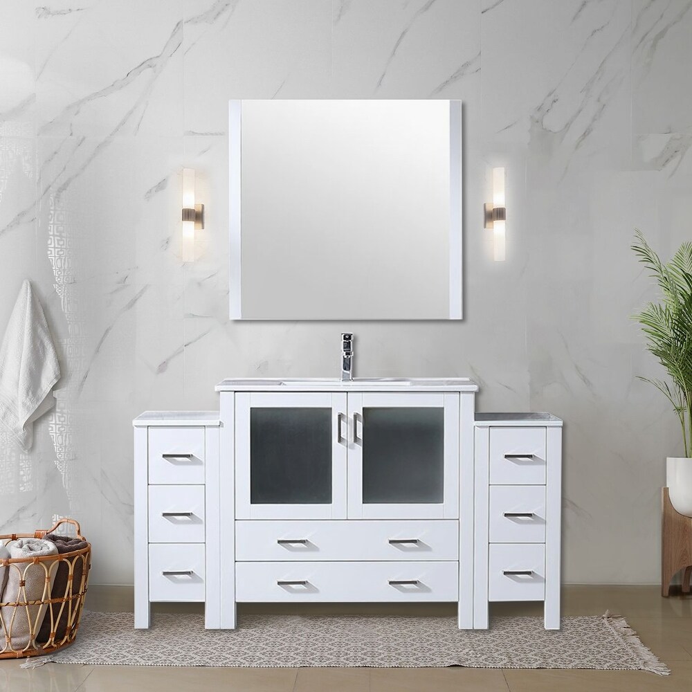 Lexora Volez 60 Inch Bathroom Vanity Cabinet in White with Top and Mirror