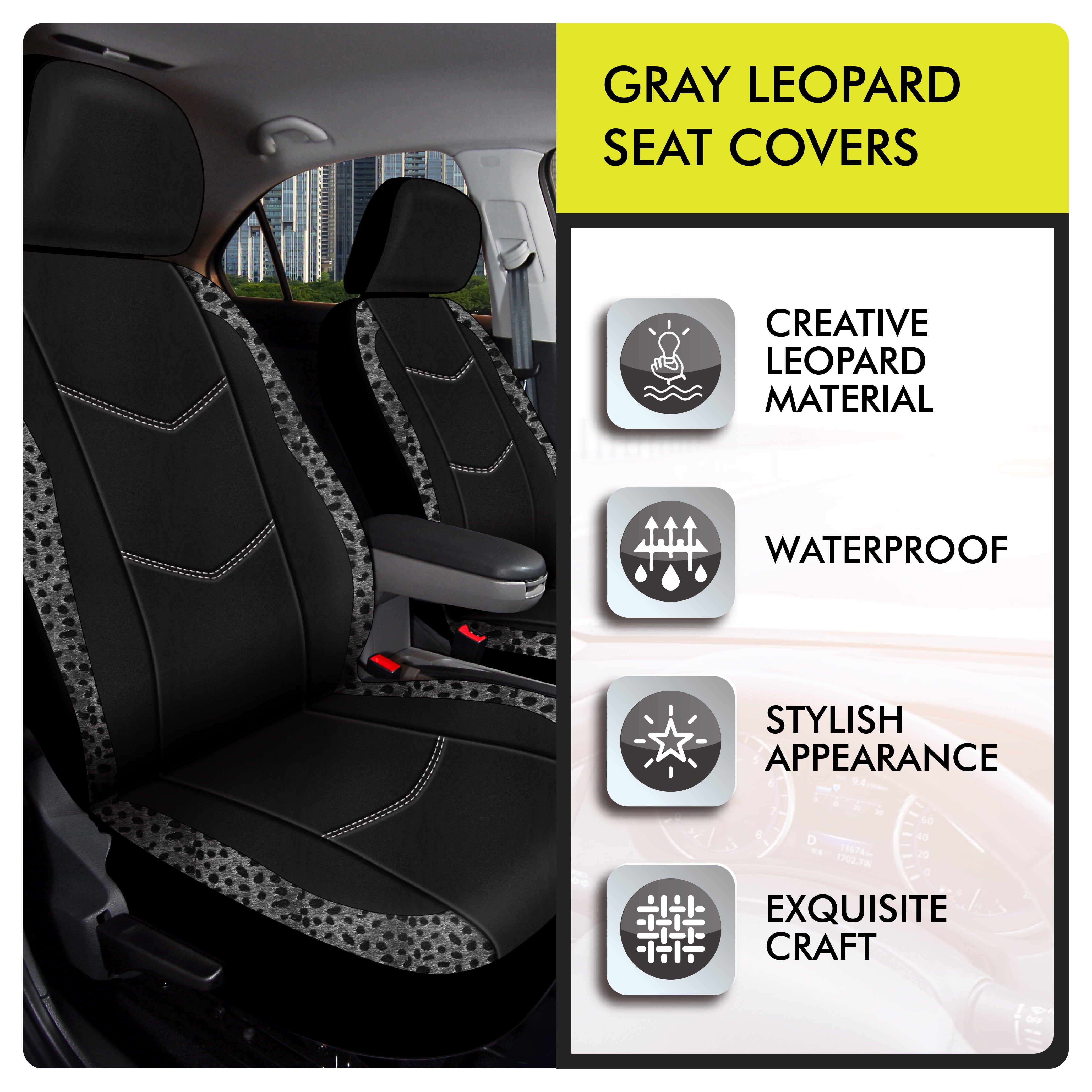 Auto Drive Grey Leopard Faux Leather Car Seat Covers， Set of 2， YT040