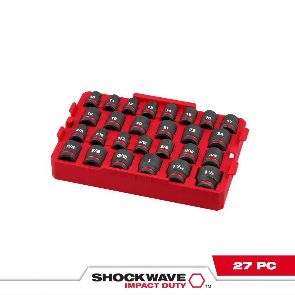 MW SHOCKWAVE Impact-Duty 12 in. Drive Metric and SAE Standard Impact Socket Set (27-Piece) 49-66-6819