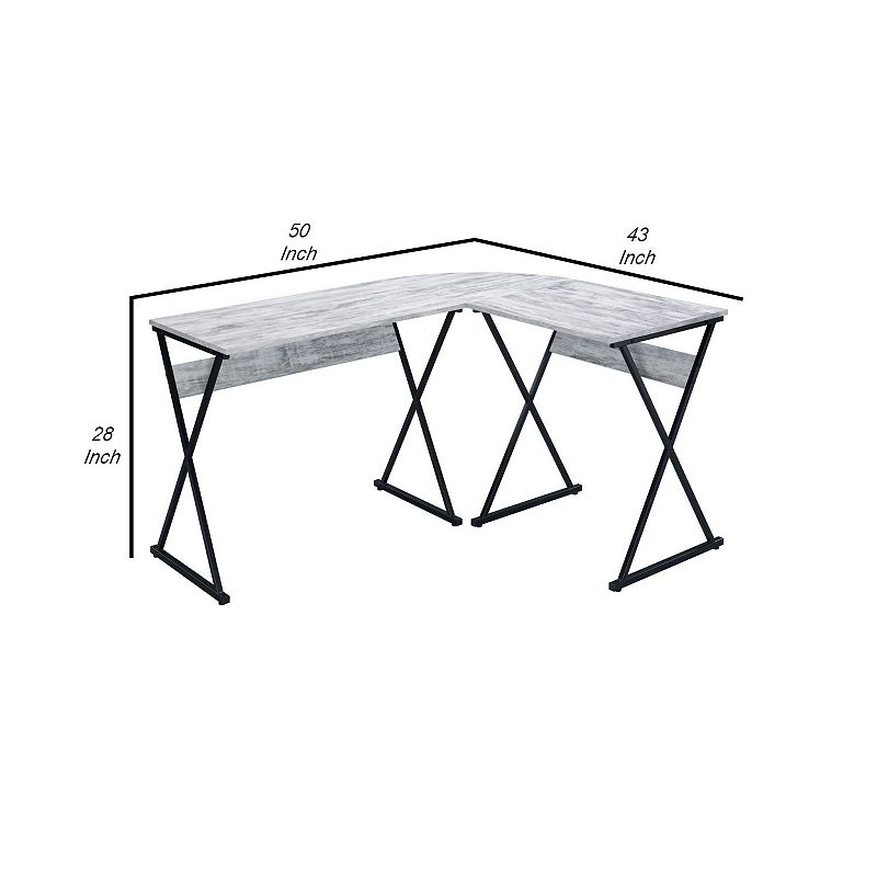 Writing Desk with L Shape and X Metal Legs， Antique White