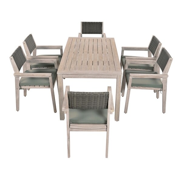 7Piece White Washed Outdoor Dining Set，with Rattan Backrest and Removable Cushions